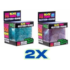 NeeDoh Nice Cube GLITTER and GLOW SET of 2 1 Blue 1 Purple Squishy Squeeze 2.25"